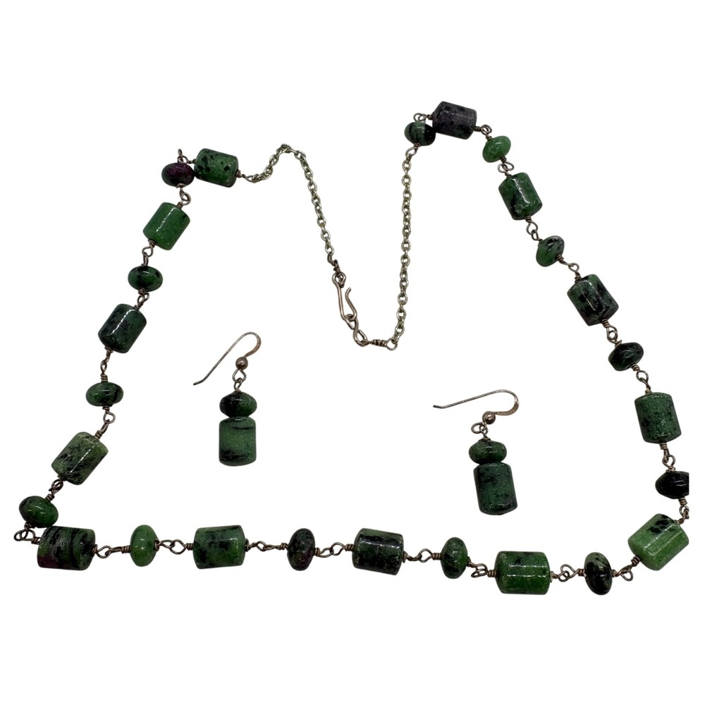 Vintage Handmade Ruby in Zoisite Necklace and Earring Set Green 22 Inch